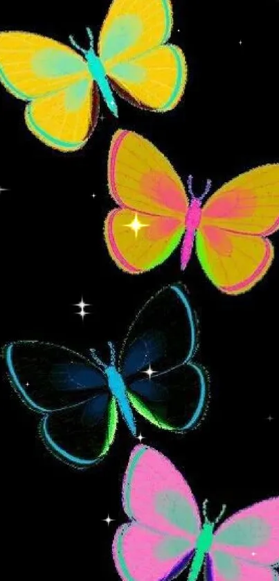 Vibrant mobile wallpaper with colorful butterflies on a black background.