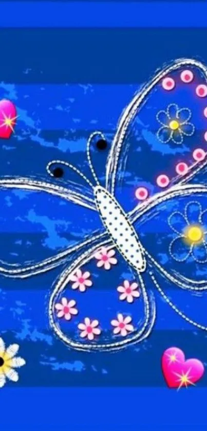 Whimsical butterfly on blue background with hearts and flowers.