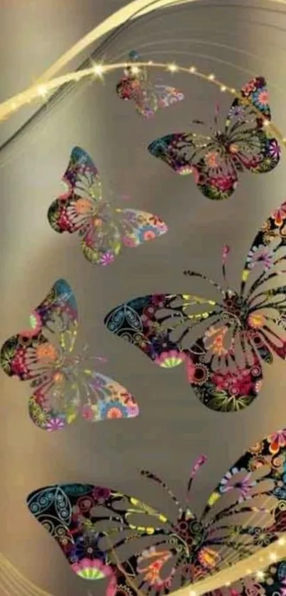 Colorful butterflies with floral patterns on a golden background.