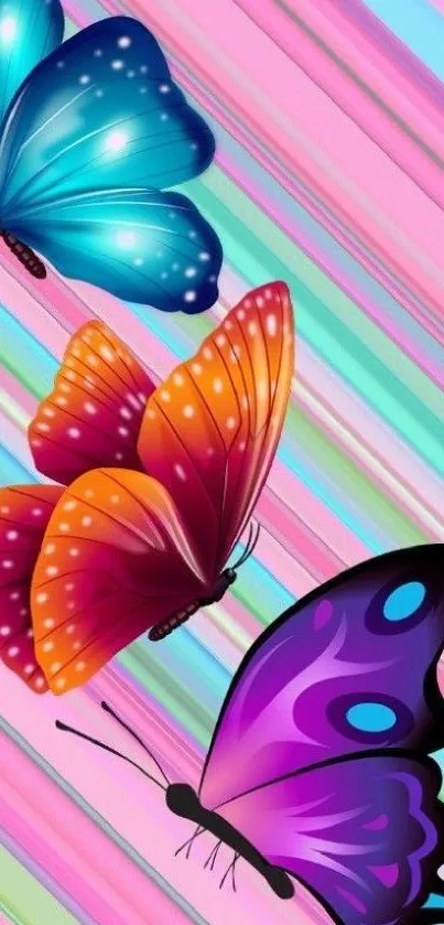 Vibrant butterflies on a colorful striped background mobile wallpaper.