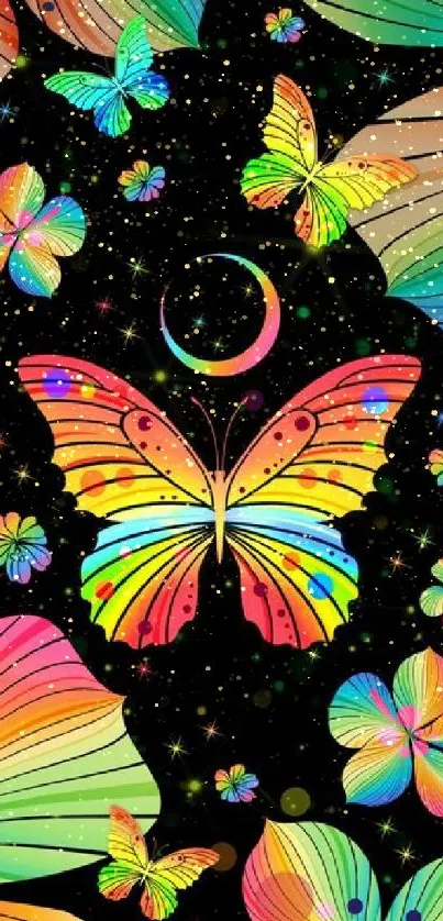 Colorful butterflies and flowers on black background wallpaper.