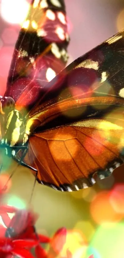 A colorful butterfly with bokeh lights on a mobile wallpaper.