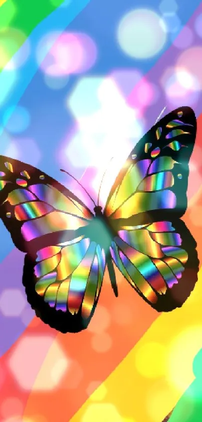 Colorful rainbow butterfly on vibrant background.