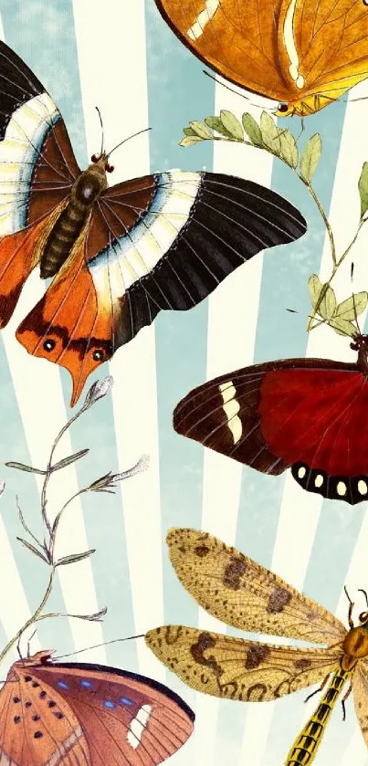 Colorful butterflies and insects on a striped light blue background.