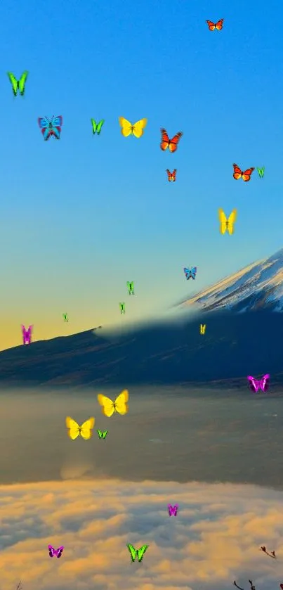 Vibrant butterflies flutter over a mountain at sunset.