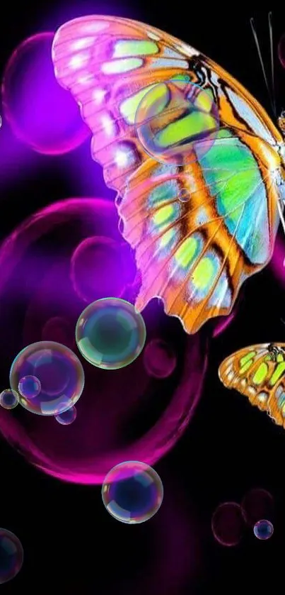 Colorful neon butterfly on abstract purple background.