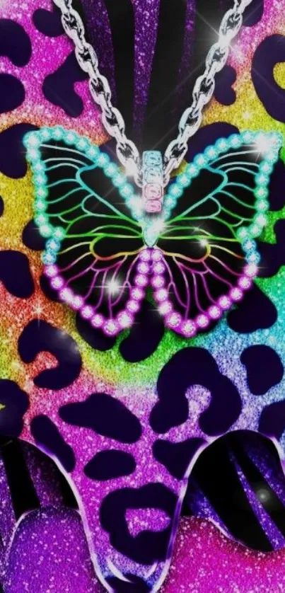 Neon butterfly with rainbow colors on a leopard print background.