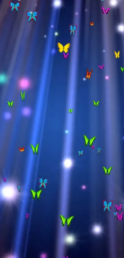 Colorful butterflies on a dark blue background with sparkling lights.