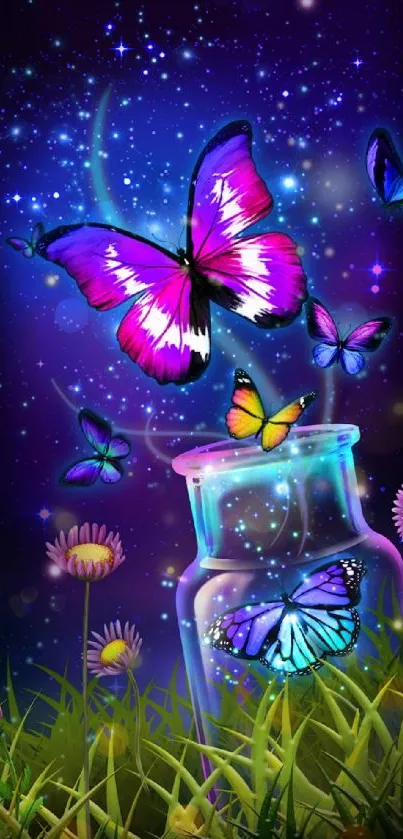 Colorful butterflies against a starry night sky above a glass jar.