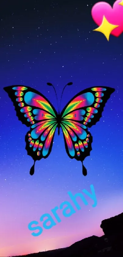 Colorful butterfly with night sky background and stars.