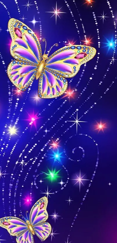 Colorful butterflies with stars in a dark blue night sky.