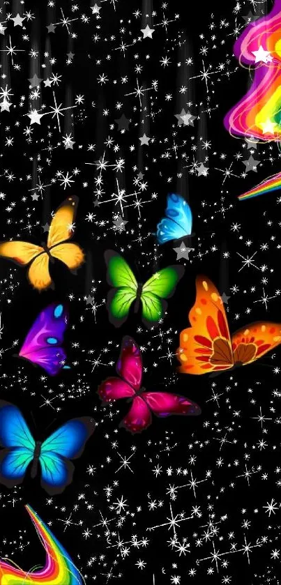 Vibrant butterflies with stars on black background wallpaper.