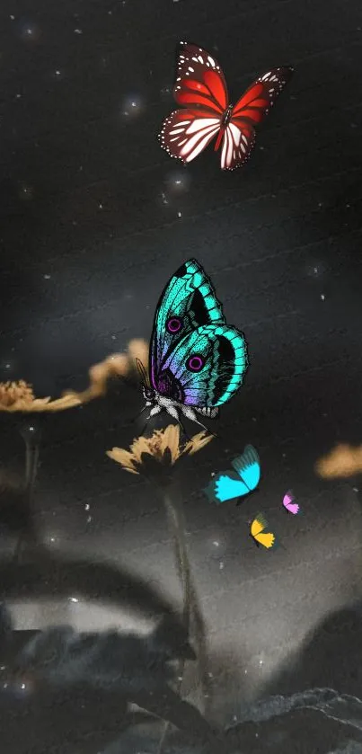 Colorful butterflies in a dark floral night scene mobile wallpaper.