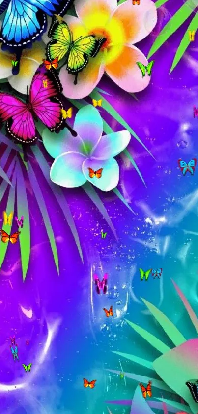 Colorful butterflies and flowers on a vibrant purple background