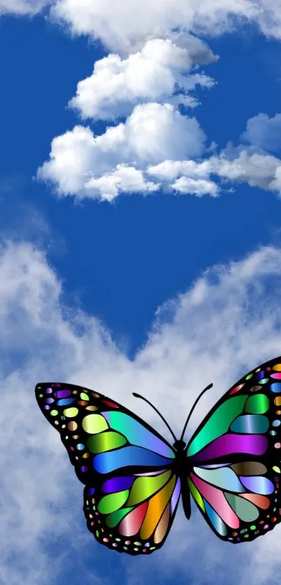 Colorful butterfly on a blue cloudy sky with heart-shaped clouds.