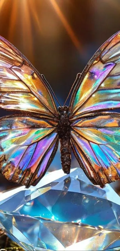 Colorful butterfly perched on sparkling crystal.