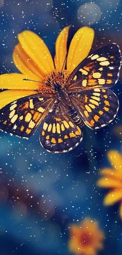 Butterfly rests on a yellow daisy in vibrant nature wallpaper.