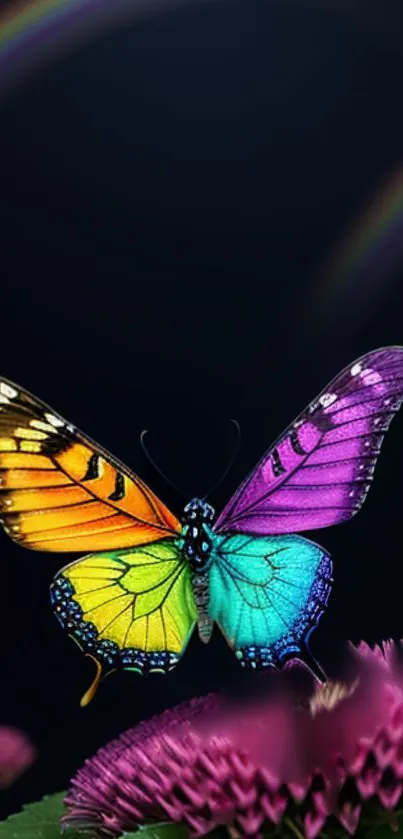 Rainbow butterfly resting on a bright pink flower against a dark background.