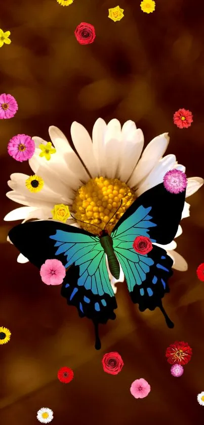 Blue and green butterfly on white daisy mobile wallpaper.