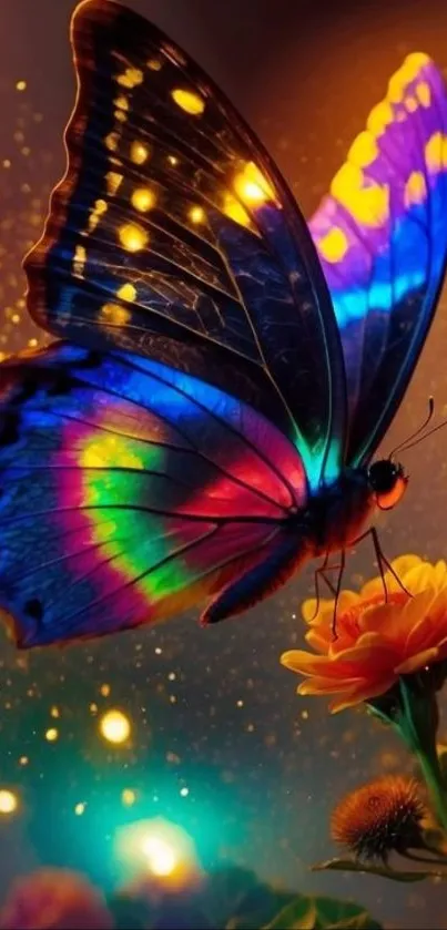 A vibrant butterfly with colorful wings rests on a flower in a magical setting.