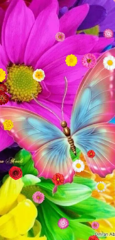 Colorful butterfly rests on bright, vivid flowers.