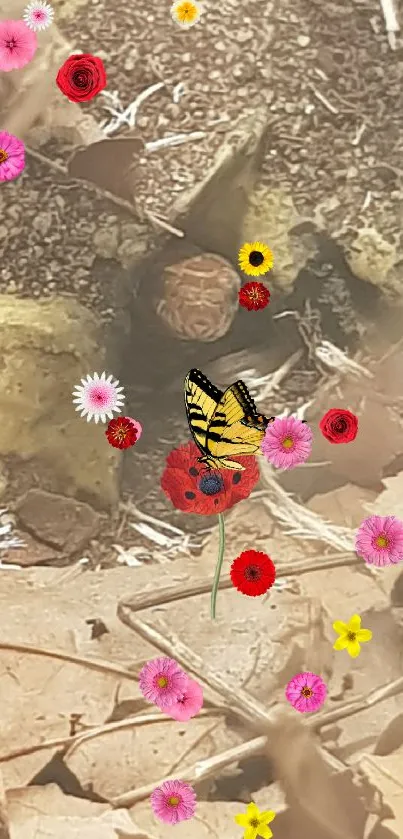 Colorful butterfly resting on red flower in forest floor wallpaper.