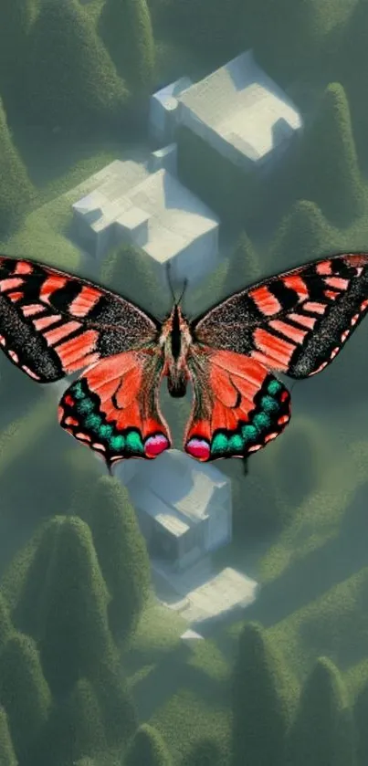 Vibrant butterfly on lush green terrain wallpaper.