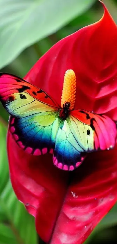 A colorful butterfly on a red leaf with vibrant surroundings.