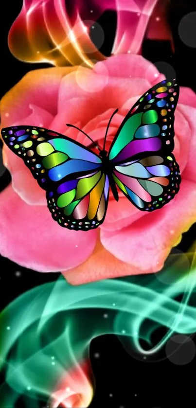 A vibrant multi-colored butterfly on a glowing pink rose with black background.