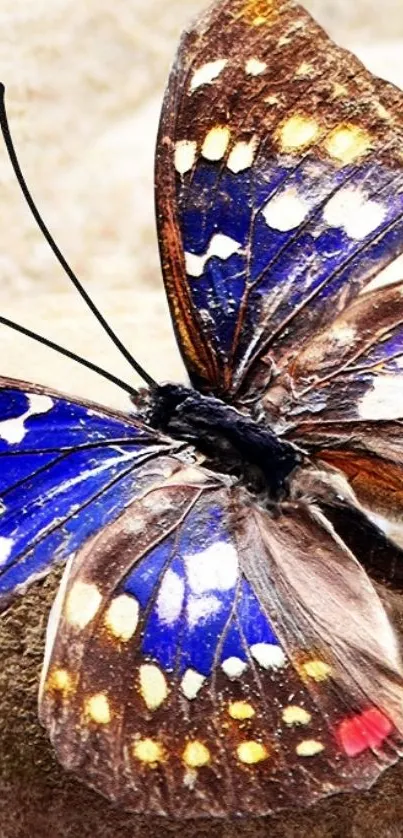 Colorful butterfly with blue wings resting on a stone surface.