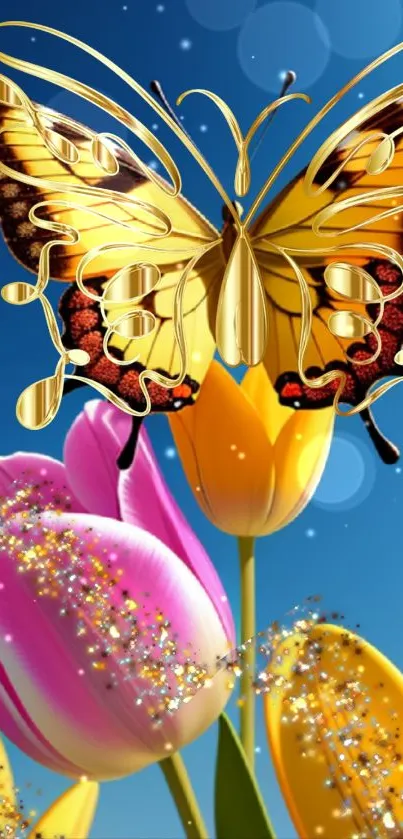 Golden butterfly with vibrant flowers against a clear blue sky.