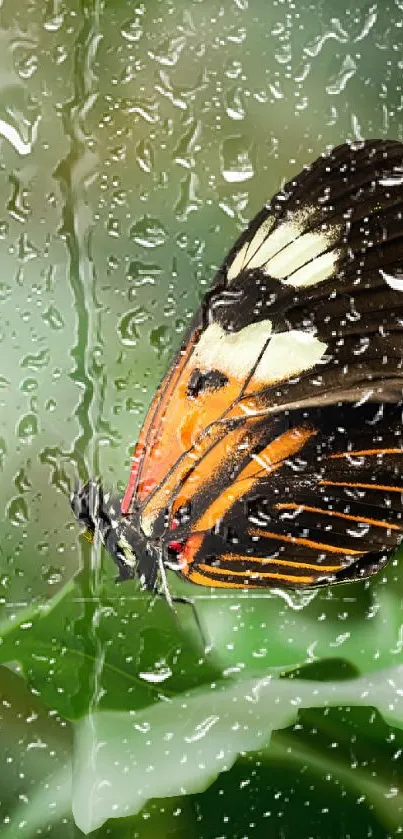 Butterfly on wet glass with green background.