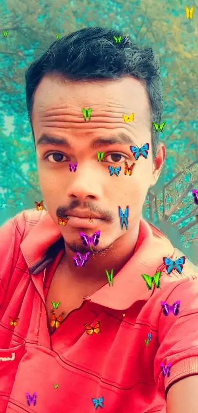 Colorful butterflies overlay on nature backdrop with man.