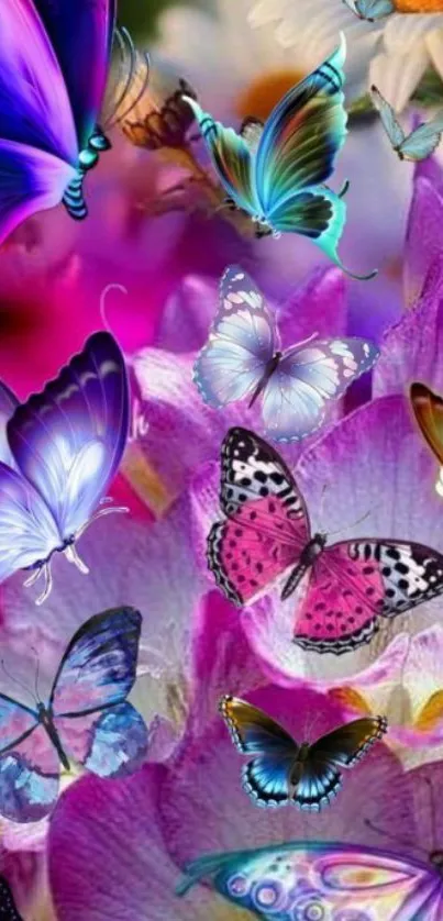 Vibrant butterfly and floral wallpaper design.