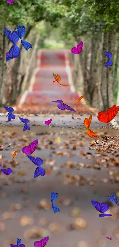 Colorful butterflies flutter along a peaceful forest pathway.