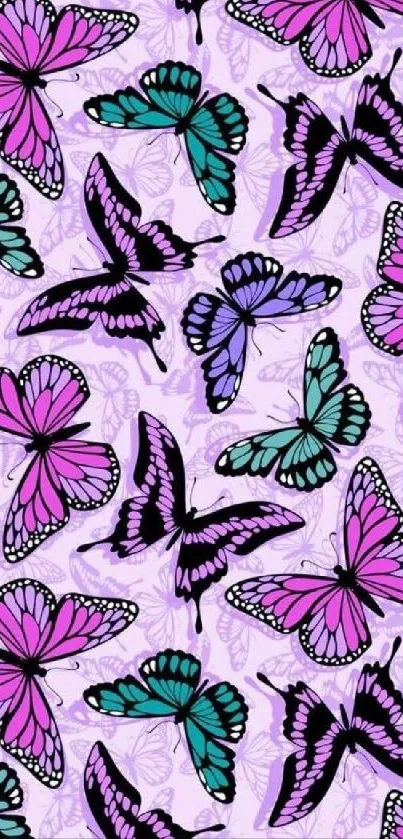 Purple and teal butterfly pattern wallpaper.