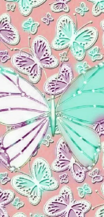 Mint and lavender butterfly pattern on pink background.