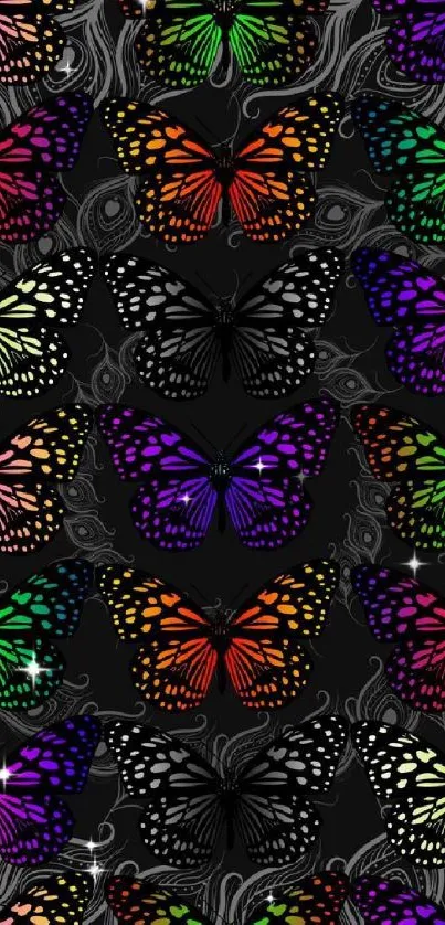 Vibrant butterfly pattern on black background for mobile wallpaper.