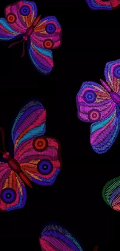 Vibrant embroidered butterflies on black mobile wallpaper.