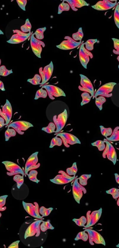 Colorful butterfly pattern wallpaper on a dark background.