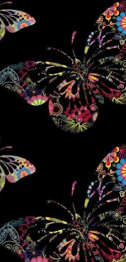 Colorful butterfly pattern wallpaper on black background.