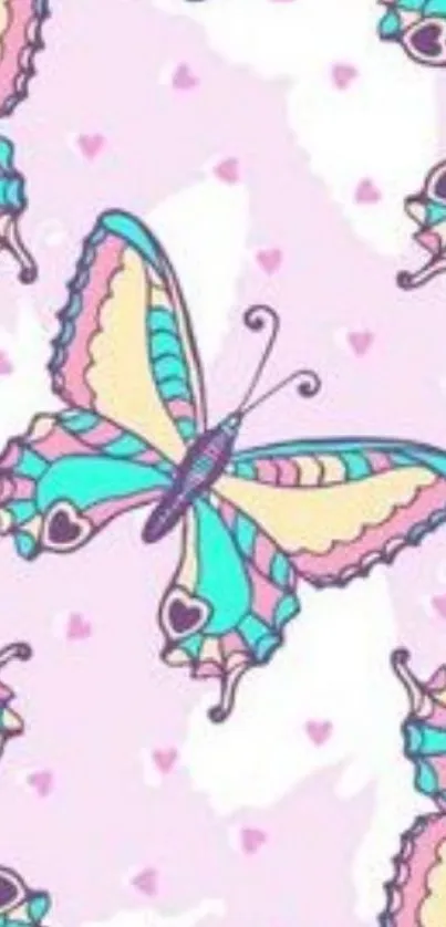 Pastel butterfly pattern wallpaper in purple hues.