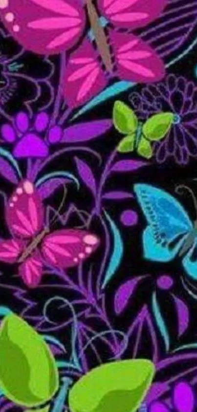 Vibrant butterfly and floral pattern on a dark background.