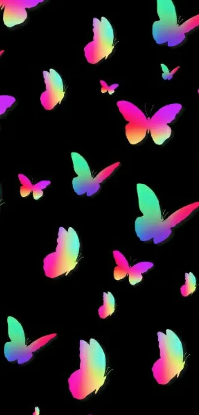 Vibrant rainbow butterfly pattern on a black background mobile wallpaper.