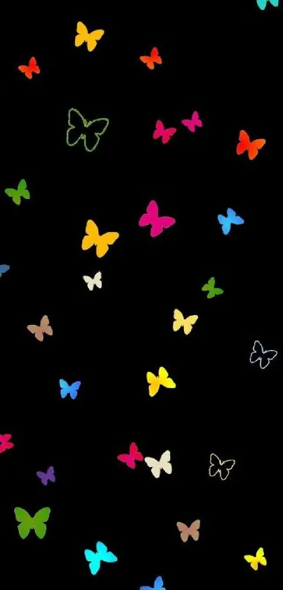 Colorful butterfly pattern on a black background for mobile wallpaper.