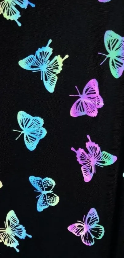 Colorful butterfly pattern wallpaper with vibrant hues on a black background.