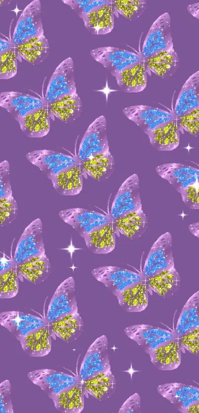 Colorful butterflies on a purple background for mobile wallpaper.