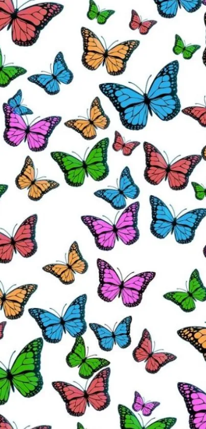 Mobile wallpaper with colorful butterflies on a white background.