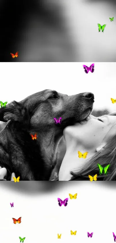 Black and white photo with colorful butterflies around a dog and woman.