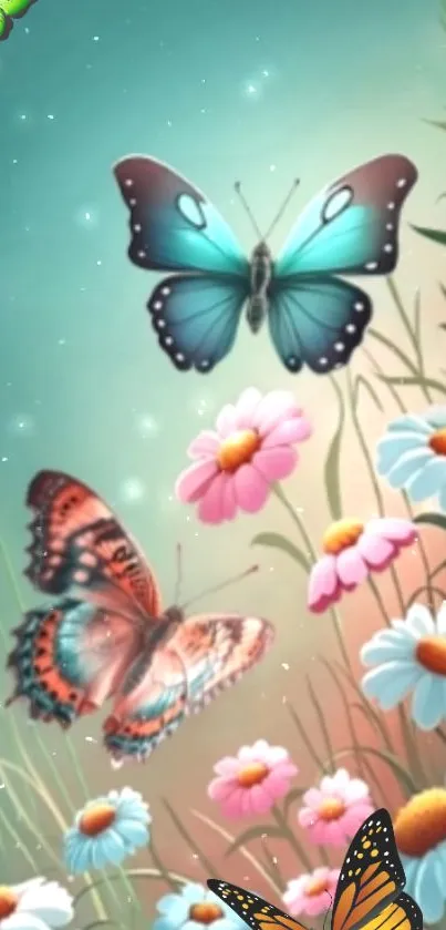 Colorful butterfly wallpaper with flowers and blue sky.